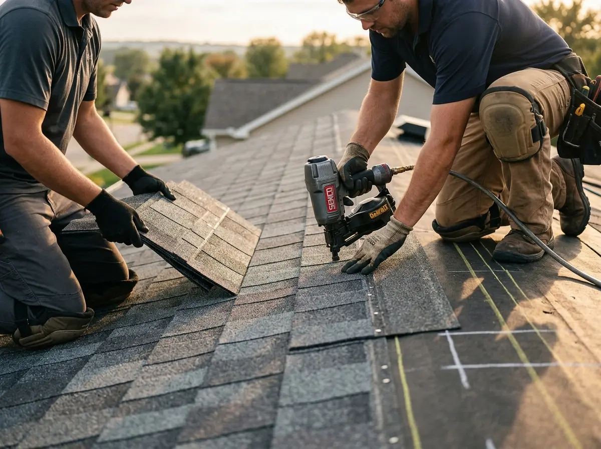 Professional roofer working on a residential roof in Elko
